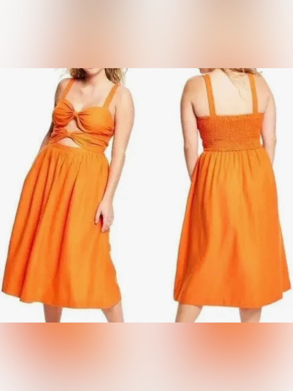 Fe Noel Orange Midi Skirt Dress with Cutout Bodice